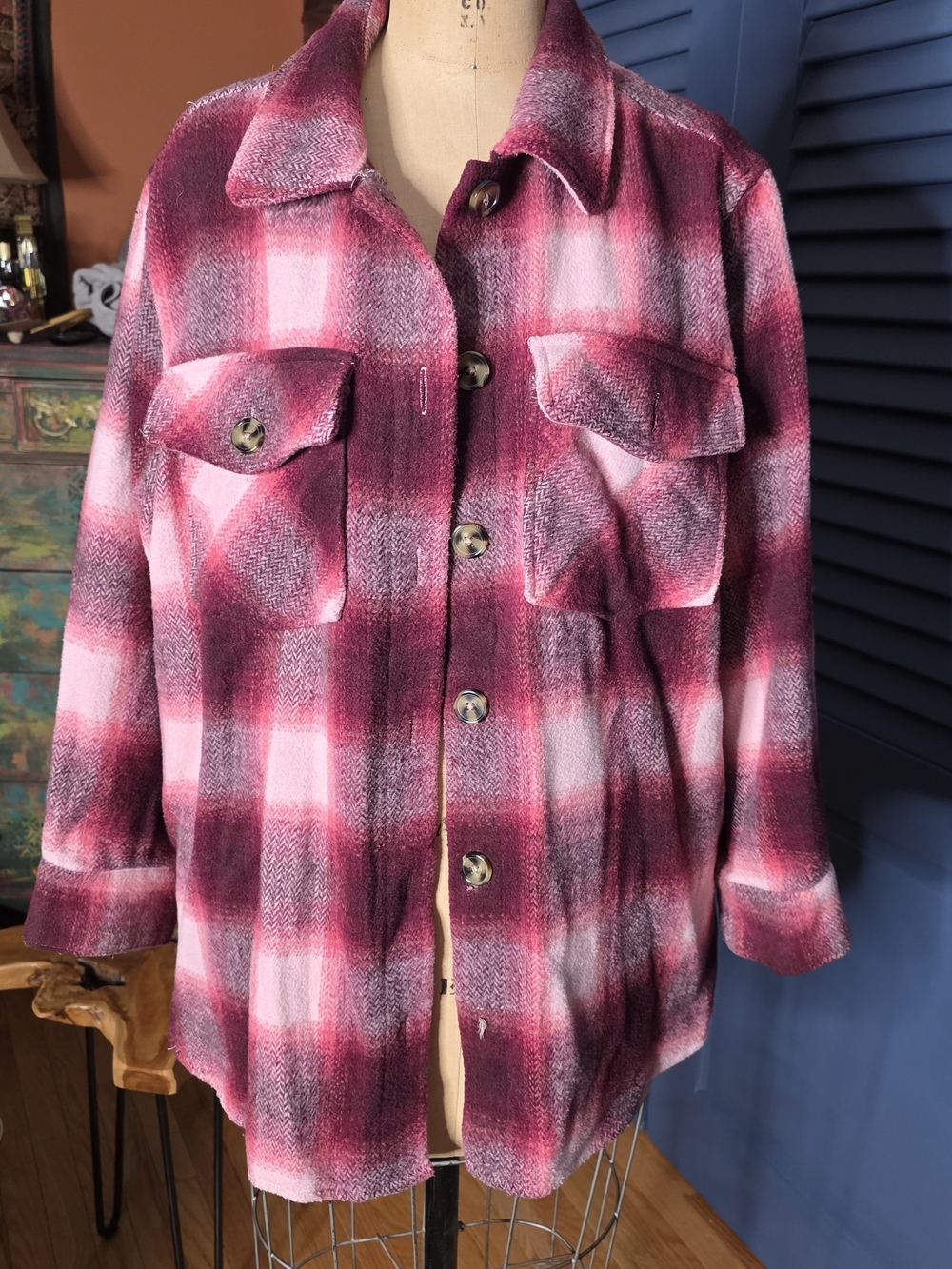 Time and Tru Pink Plaid Button-Front Utility Shacket